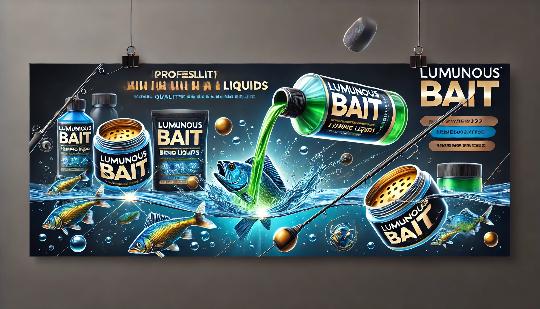 DALL·E 2025-03-21 01.17.58 - A professional and visually striking banner advertisement for 'luminousbait,' focusing on their fishing dips and liquids. The design should convey the
